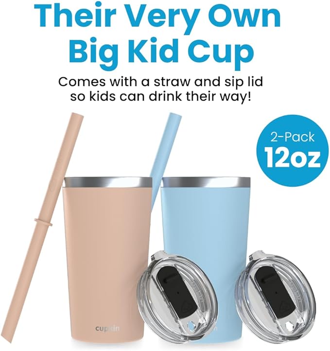 CUPKIN Toddler Tumblers, The Original 12 oz Stackable Stainless Steel Cups, Set of 2 Powder Coated Insulated Kids Water Bottle Alternative & BPA Free Lids + Reusable Silicone Straws (Peach + Teal)