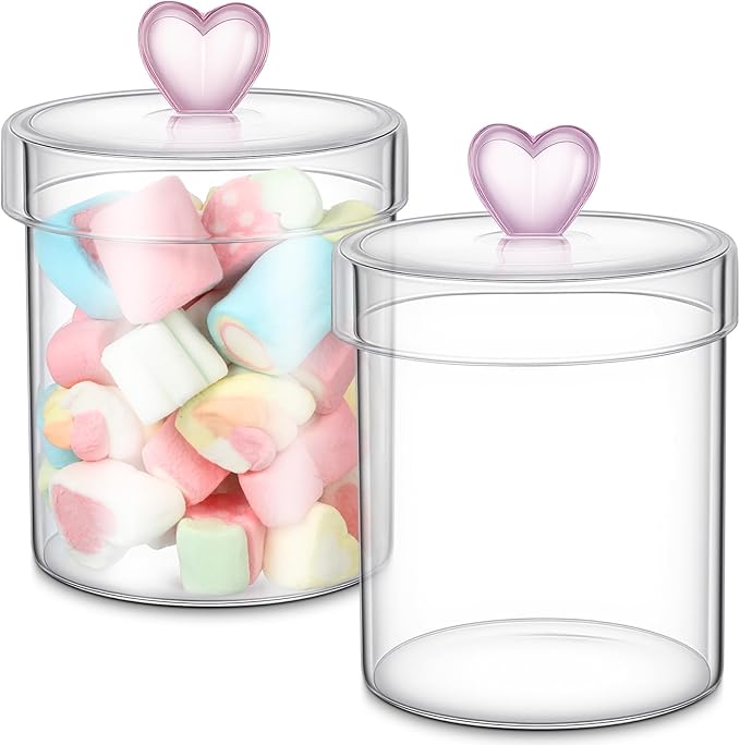 Meanplan 2 Pack Glass Cookie Jars Candy Jars with Heart Lids 30 oz Clear Glass Canisters Cute Food Storage Organizers for Overnight Oats,Kitchen Cookies,Coffee Beans,Dry Goods,Tea