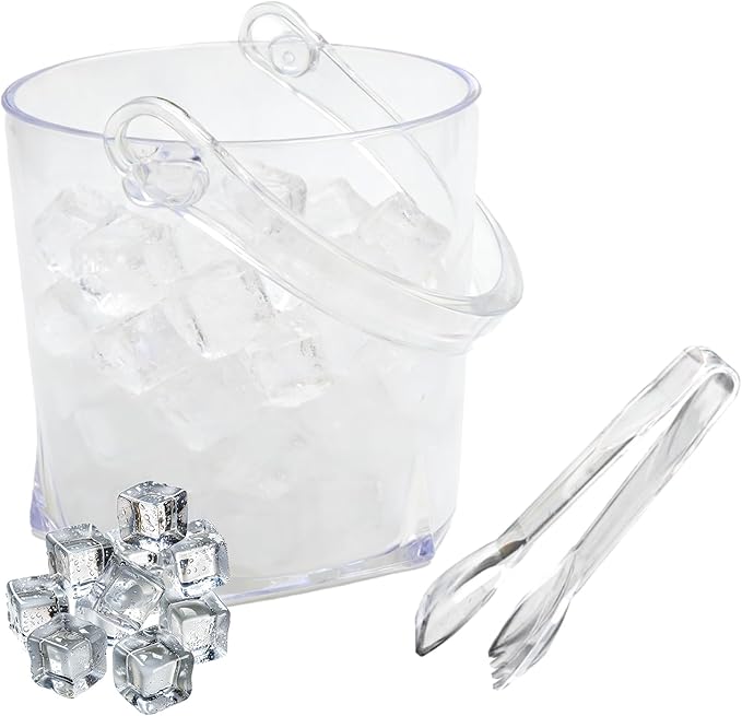 Crystal Ice Bucket with Handle & Tongs-1.1 L Plastic Clear Champagne Ice Buckets for Parties, Beer, Wine, Drinks, Cocktails,-Soda, Mimosa Bar Supplies (Style-C, 37 oz (1.1 L))