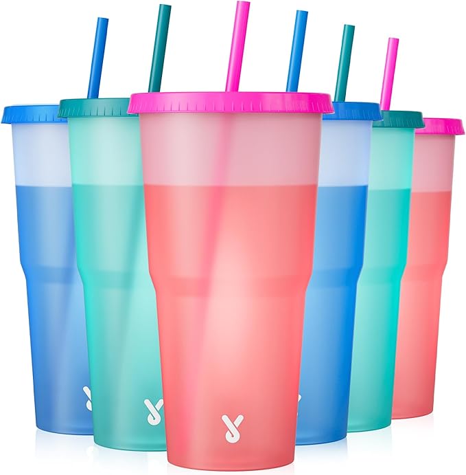Meoky Plastic Cups with Lids and Straws - 6 Pack 40 oz Tumblers Bulk, Reusable Color Changing Cups for Party, Car, Women, Adults, Iced Coffee, BPA-free