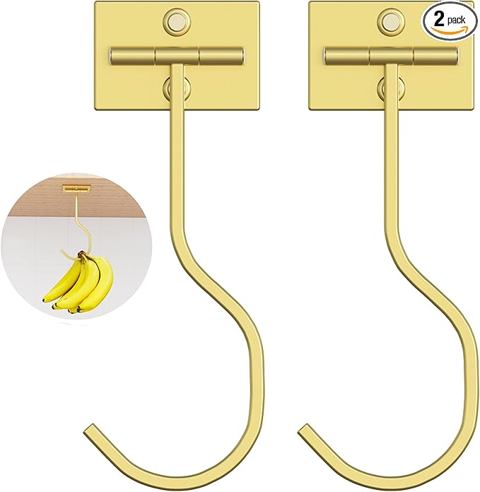 bussdis Adhesive Banana Hook Under Cabinet: 2-Pack Foldable Metal Banana Hanger, Space-Saving Under Counter Banana Holder for Kitchen & RV, Gold