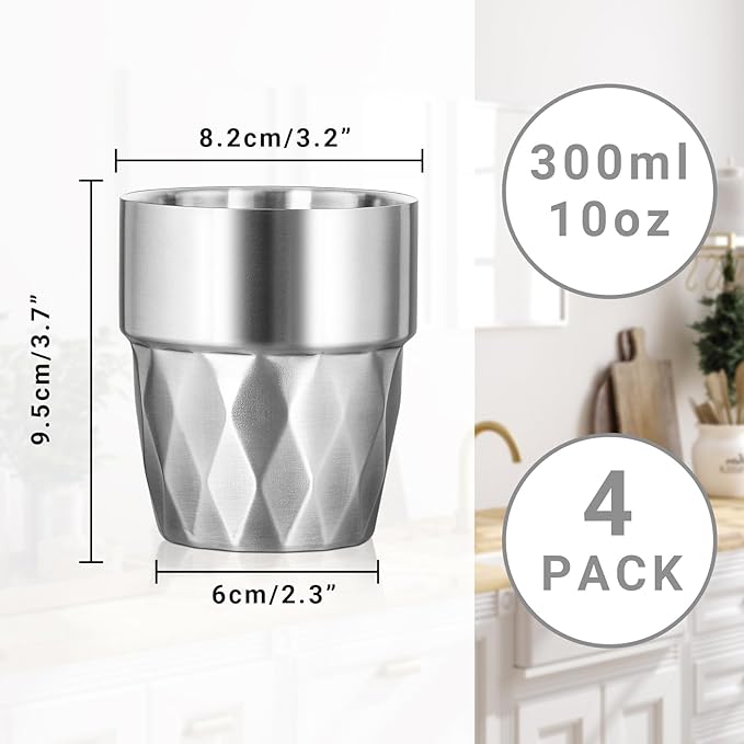 Steel Cups, 10 oz Insulated Tumbler, 4 Pack Double Wall Unbreakable Stackable Water Tumblers Insulated Stainless Metal Cup Premium Drinking Glasses for Travel Camping Home Outdoor