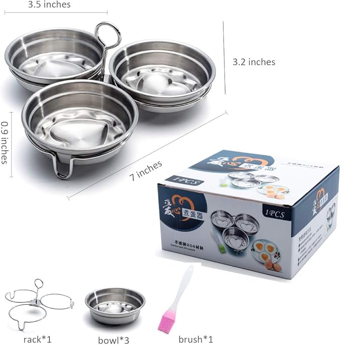 Stainless Steel Egg Poacher, 3-Cup Poached Egg Maker Cups, Nonstick Egg Steamer with Rack for Microwave Oven Stovetop Steamer