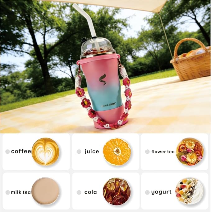 20oz Insulated Tumbler with Straw & Lid, Stainless Steel Vacuum Travel Mug, Handwoven Strap, Non-Slip Boot, Spill Proof, Pink Purple Gradient