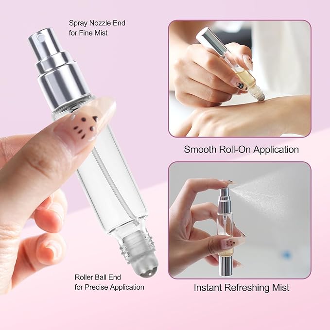 YOCASII 4PCS Dual-Head Travel Perfume Bottle with Spray & Roller Balls for Essential Oils, 10ml Glass Perfume Travel Refillable Bottles and Roll on Bottles for Facial Care with Funnel Tool
