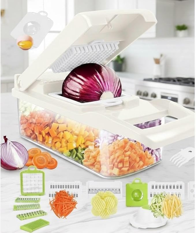 Kalmat Dynamics Food Chopper and Vegetable Slicer, 16-in-1 Multi-Function Kitchen Chopper with 7 Blades and Container, Free Black Cooking Apron (White + Black)
