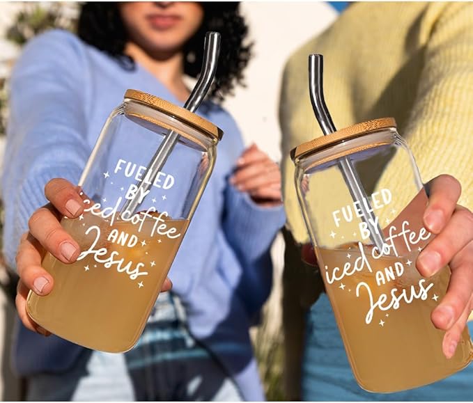 Fueled by Iced Coffee and Jesus Cup Gifts for Women-16oz Christian Glass Cup with Lid and Straw, Faith Brithday Cup Gifts for Coworkers Boss Friends Worker Nurse Teacher, Jesus Iced Coffee Cup-167