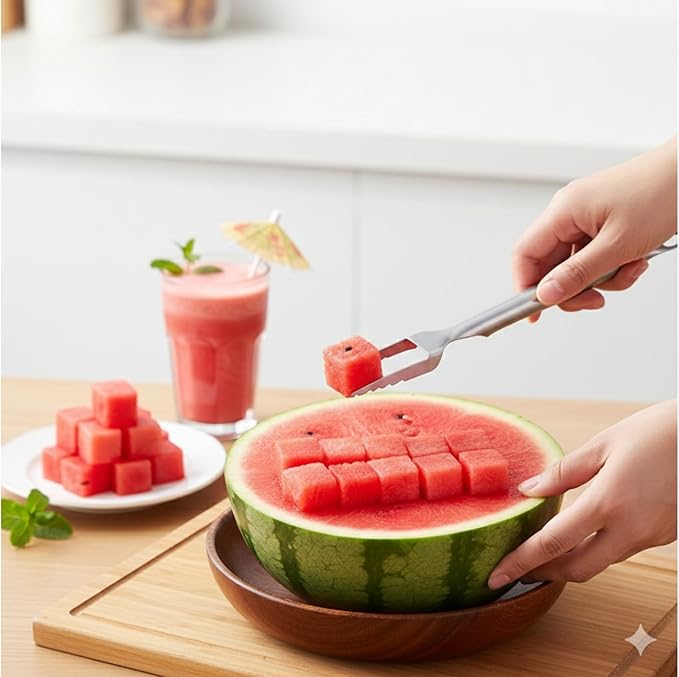 Stainless Steel Watermelon Cutter – Dual-Head Slicer and Fork Tool, Summer Fruit Cutting Tool for Home Kitchens (2-Pack)