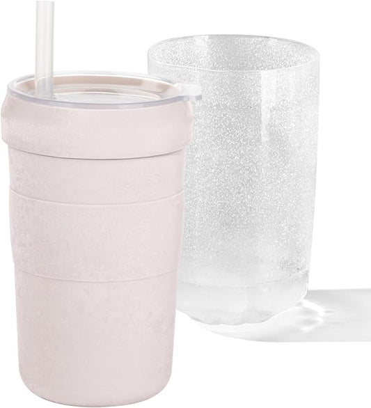 Iced Coffee Tumbler, 45℉ Insulated Beer Mug for Freezer, (Ice-Free) Double-walled Freezable Slushie Cup with Stainless Steel Liner, Travel Coffee Mug Reusable, with Lid and Straw, 16oz (1, White)