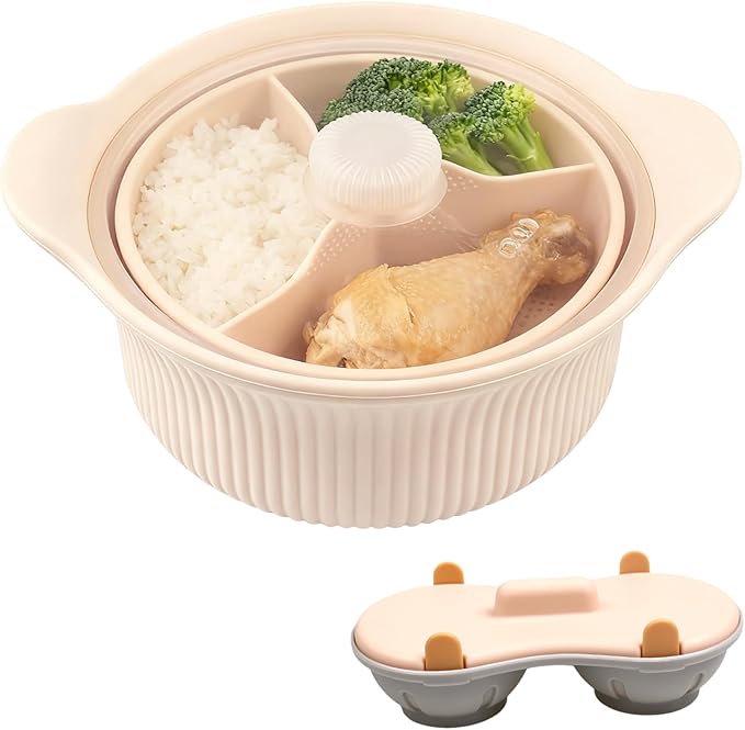 Microwave Silicone Steamer, 3-Compartment Vegetable Steamer with Egg Cooker, Food Grade Silicone Basket for Microwave Oven Cooking (Beige)