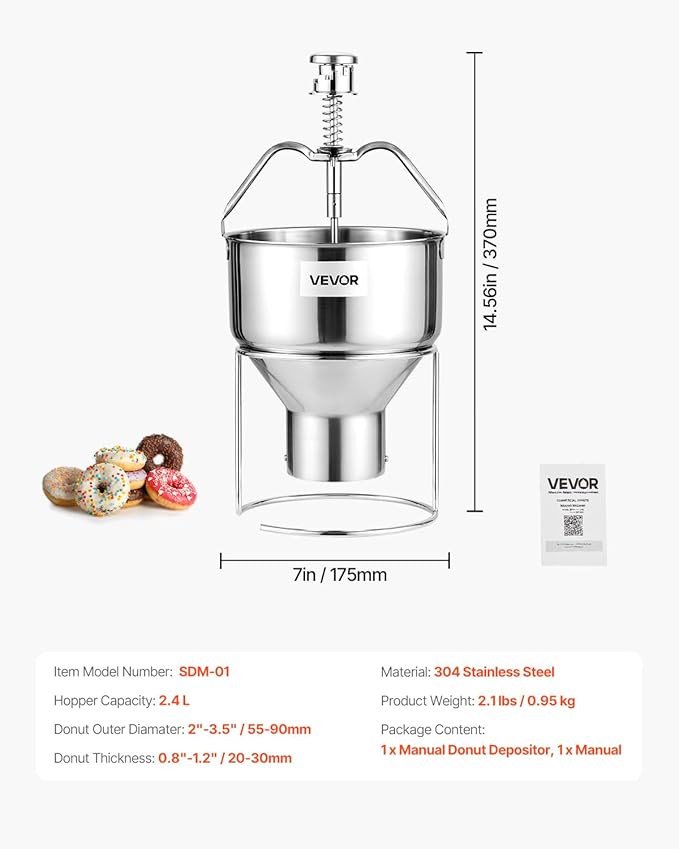 VEVOR Donut Depositor, Large Capacity Manual Donuts Dropper, 304 Stainless Steel Commercial Batter Dispenser, 6 Thicknesses Adjustment Doughnut Hopper with Stand, For Restaurant Cafe Bakery Kitchen