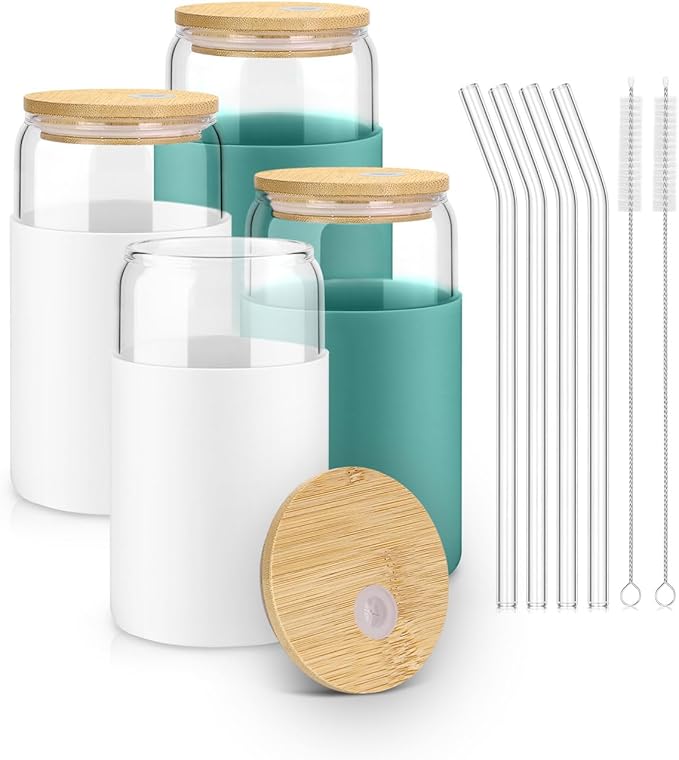 sungwoo Glass Cups with Lids and Straws, 4 Pack 16OZ Iced Coffee Cups with Silicone Sleeve, Glass Tumbler with Straw and Bamboo Lid, Home Essential Drinking Set for Juice, Cocktail and Tea White&Green