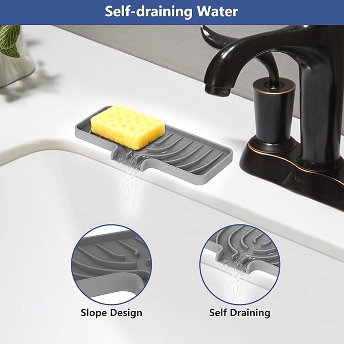 Silicone Sponge Holder for Kitchen Sink With Drain Spout, Self Draining, Kitchen Soap Tray, Bathroom Organizer, Sink Caddy (Gray, 10×4)