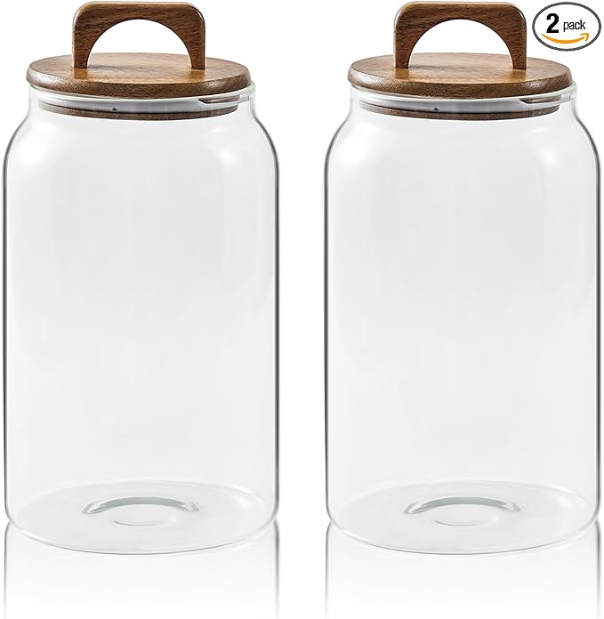 Sweejar Large Glass Candy Jars with Wooden Lids, 1 Gallon Glass Jar with Lid, Sugar/Flour Storage Containers, Big Glass Canisters with Airtight Lid, 2 Pack