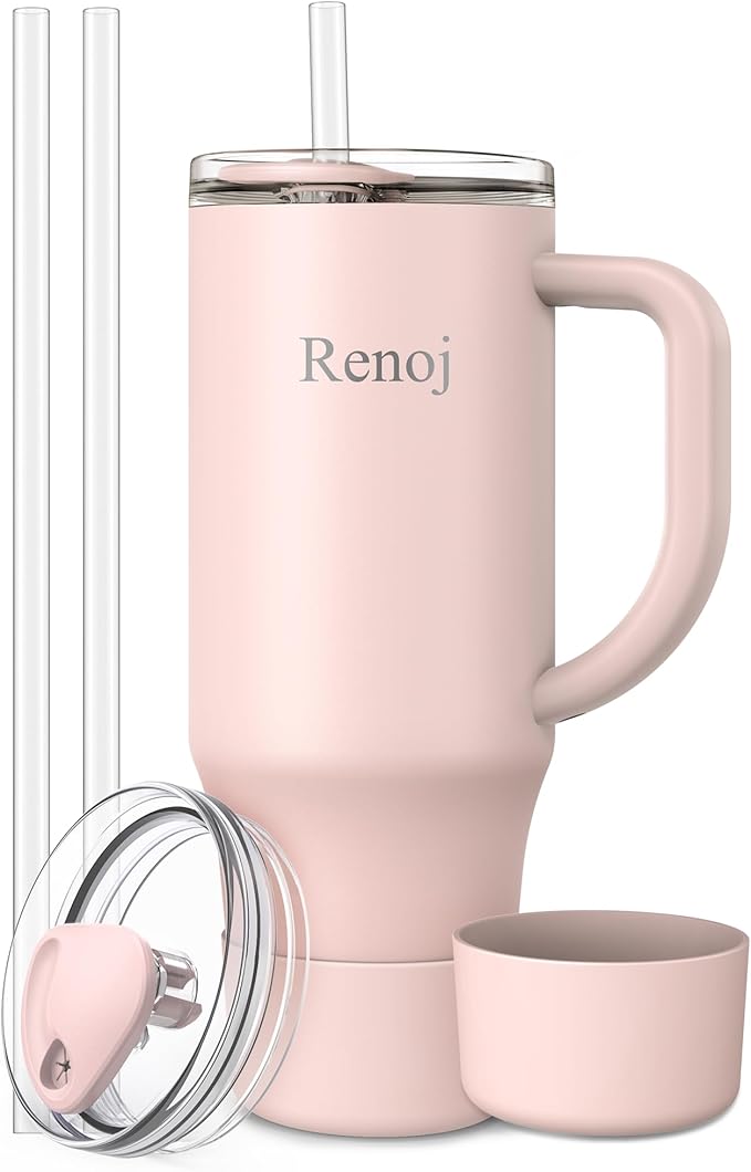 Renoj Insulated Mug 100% Spill Resistant Insulated Water Bottle for Iced Coffee & Hot Drinks - Fits Car Cup Holder, Ideal Gift, 2 Straws & Silicone Boot - FlexSlide Light Pink 32 oz