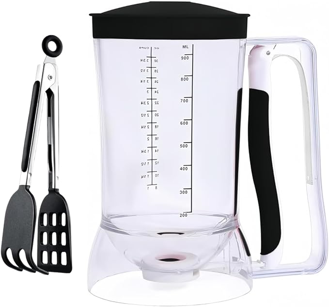 Black Waffles Batter Dispenser n Waffle Tongs Combo Set,Get Perfectly Fluffy Waffles Every Time! Batter Measuring Separator for Pancakes, Cupcake, Muffin Quick Filling Cookie Batter