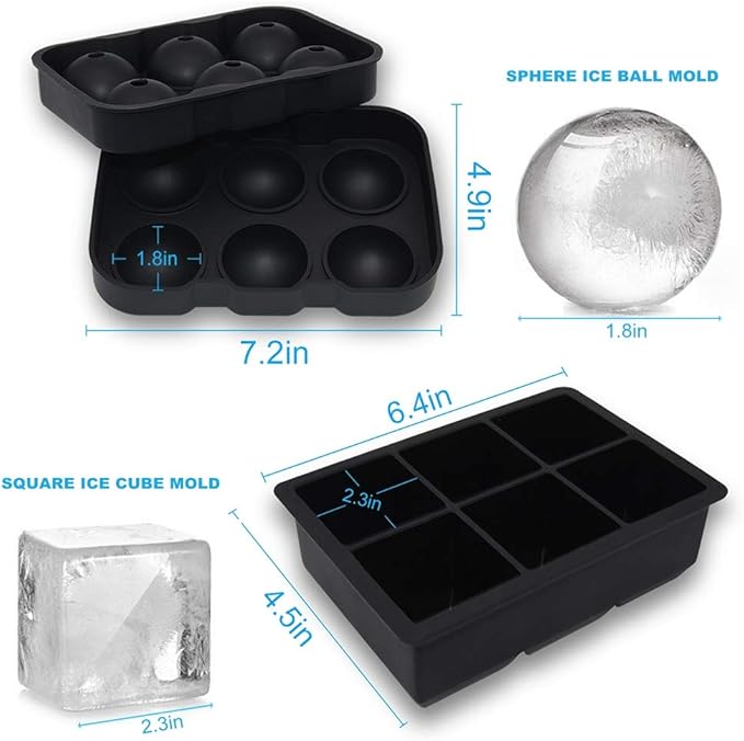 Ice Cube trays(set of 2), Silicone Sphere Ice Ball Maker with Lid and Large Square Ice Cube Molds for Whiskey Ice and Cocktails, Food Grade Silicone, Reusable and BPA-Free