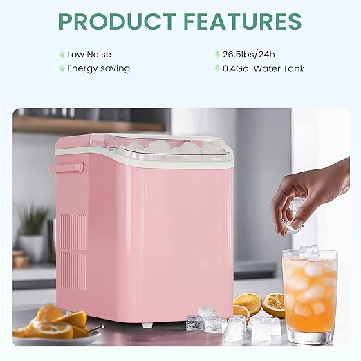Ice Makers Countertop, Portable Ice Machine with Handle, 6 Mins 9 Bullet Ice Cubes with Basket and Scoop, 26lbs in 24Hrs, Auto-Cleaning, for Home, Kitchen, RV, Camping, Pink