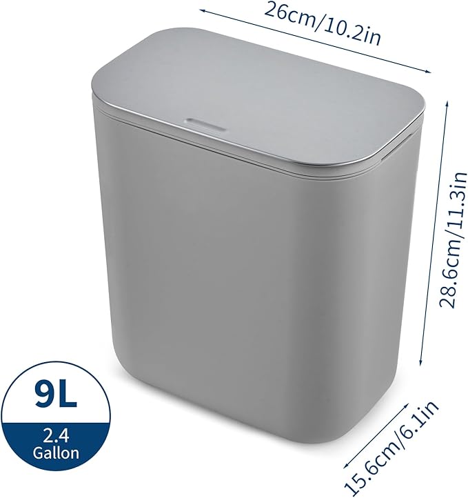 PrecisionAuto 2.4 Gallon/9L Hanging Trash Can with Stainless Steel Lid, Mountable Under Sink Compost Bin for Kitchen Cabinet Door, Food Waste Bin for RV, Bathroom, Office - Grey