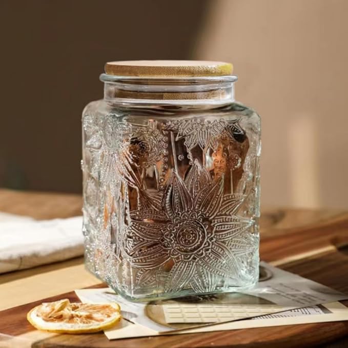 ANSQU Square Glass Jar, 25.3oz Vintage Glass Jar with Lid, Glass Food Storage Containers for Ground Coffee, Tea, Sugar, Candy, Decorative Glass Jar