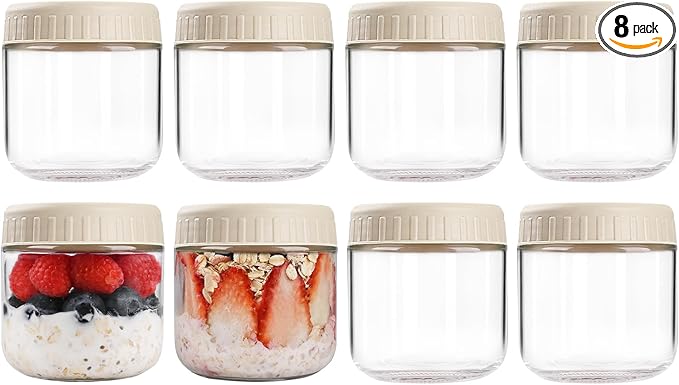 SHOWIN Overnight Oats Containers with Lids, 10oz Glass Jars with Lids 8 pcs, Apricot, Wide Mouth Mason jars for Salad, Yogurt, Snacks, Meal Prep