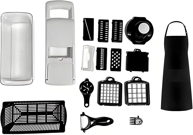 Kalmat Dynamics Food Chopper and Vegetable Slicer, 16-in-1 Multi-Function Kitchen Chopper with 7 Blades and Container, Free Black Cooking Apron (White + Black)