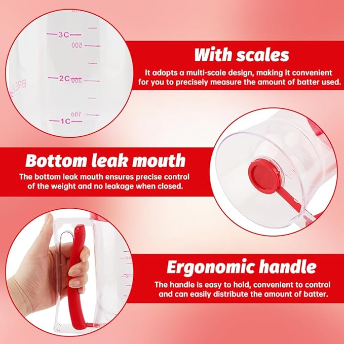 4 Cup Pancake Batter Dispenser with Cupcake Scoop Batters Dispenser,Pancake Waffl Mix Dispenser with Squeeze Handle & Measuring Marks,for Cupcake,Muffins, Crepes & Cupcakes(red)