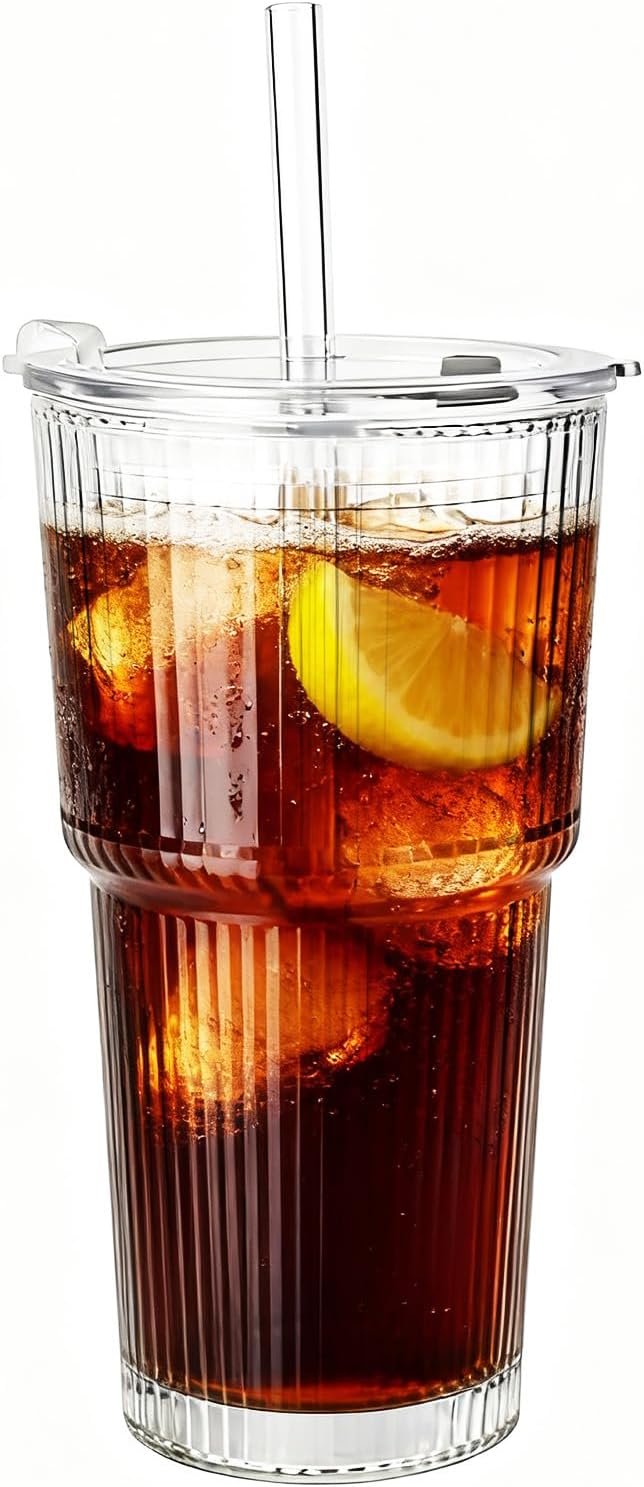 20oz Glass Tumblers with Lids and Straws, Reusable Iced Coffee Cups, Vintage Drinking Glasses, Ribbed Glassware for Whiskey Cocktail Beer, Juice, Style Glasses for Party, Gifts