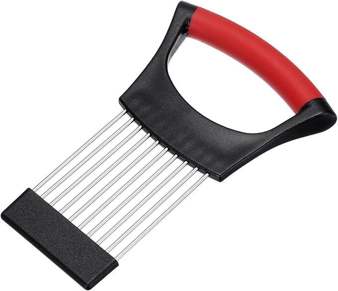 uxcell Onion Slicer Holder, Stainless Steel Vegetable Cutting Holder Food Cutter Tool for Slicing Storing Onions Tomatoes Potatoes Avocados Apples, Black Red