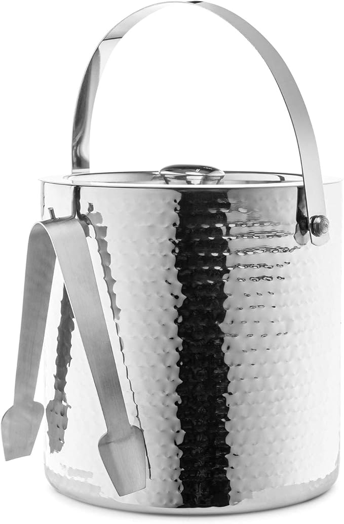 Hammered Ice Bucket - Ice Bucket with Tongs - Insulated Ice Bucket with Lid - Double Wall Ice Bucket 3 Quarts - By Colleta Home