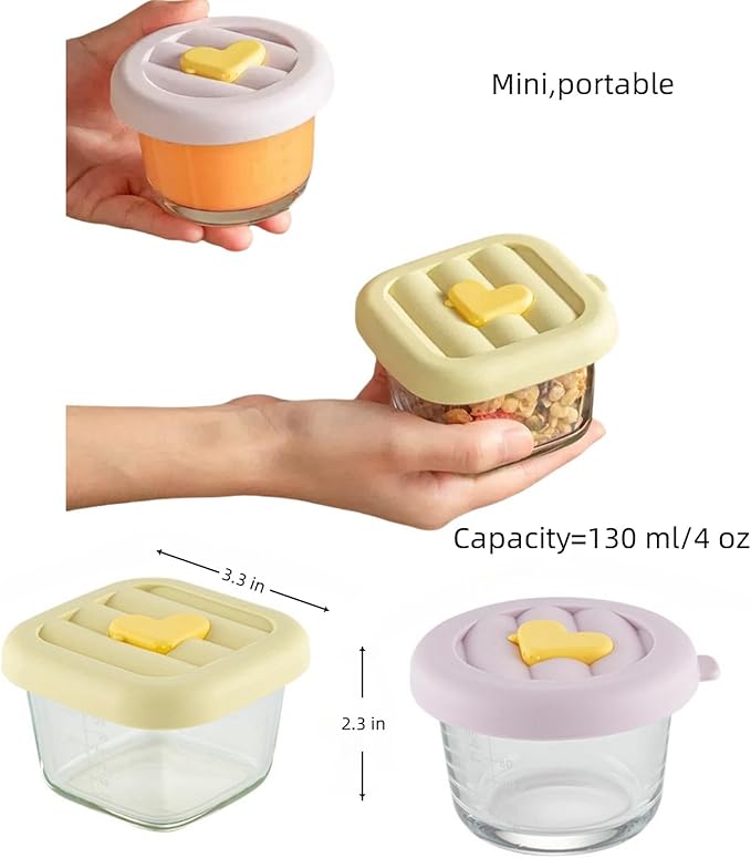 Ivymei Mini Square Round Glass Containers with lids,Small Clear Food Storage Contaiers Glass Food Jars with scale for Food Portion,Dipping Sauce,Snack,Yogurt,Microwave Freezer Safe