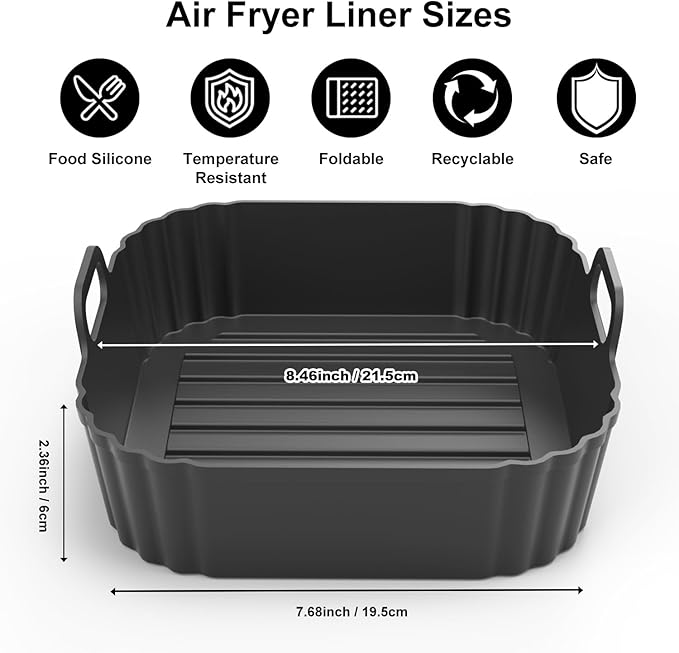 Square Silicone Air Fryer Liners 2 Pack, Compatible with Ninja AF141 181, 8.5 Inch Air Fryer Liners for COSORI 5-6.5 QT, Reusable Silicone Basket, Air Fryer Accessories