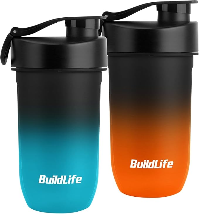 BuildLife Protein Shaker Bottle, 20oz Tritan Shaker Cup with Silent Mixing Grid – Lump Free Shakes 600ML for Pre Workout Protein & Smoothies, BPA-Free Leakproof Dishwasher Safe (BlackBlue+BlackOrange)