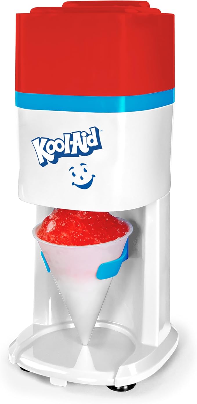 Kool-Aid Shave Ice and Snow Cone Machine, Multi-Use Ice Shaver for Frozen Treats, Slushies, Snow Cones, and More – Reusable Cup and Ice Mold, Stainless Steel Blades – Red and White