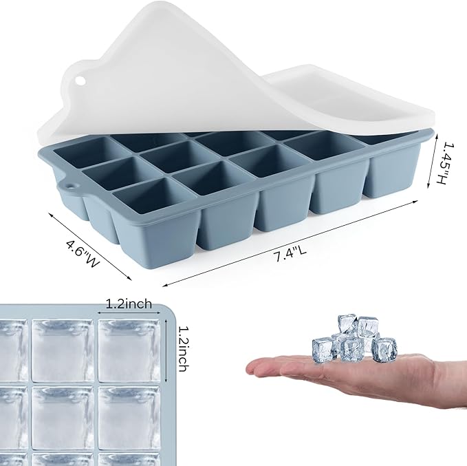 HANCELANT Silicone Ice Cube Trays Set of 2, Easy Release 15 Square with Removable Lid Reusable Freezer Stackable for Whiskey, Cocktails and Homemade, Keep Drinks Chilled, BPA Free, Blue