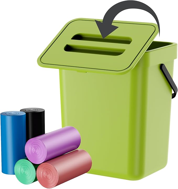 Compost Bin Kitchen, Includes 100 Trash Bags, Hanging Trash Can with Lid, Features Pet-Proof, Odor-Proof, and Quiet Opening/Closing. Suitable for Bathrooms/Bedrooms/Offices (Green, 0.8Gal/3L)
