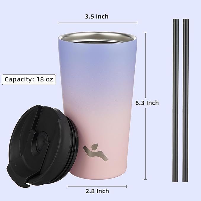 Konokyo 18OZ Insulated Tumbler with Lid and 2 Straws Stainless Steel Water Bottle Vacuum Travel Mug Coffee Cup,Pastel Sunset