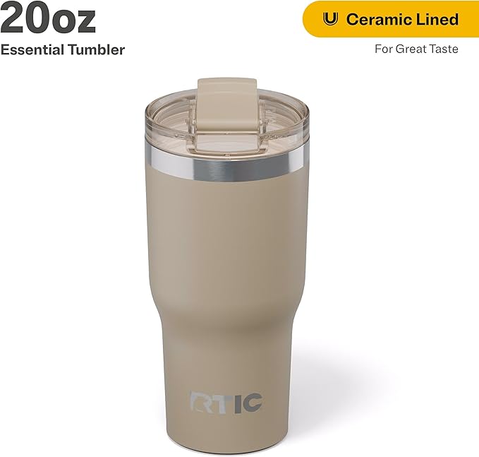 RTIC 20oz Essential Tumbler with Lid, Ceramic Lined, Insulated, Stainless Steel, Metal, Double Wall Vacuum-Insulation, Travel Cup for Iced Coffee, Tea, Hot and Cold Drink, Beach