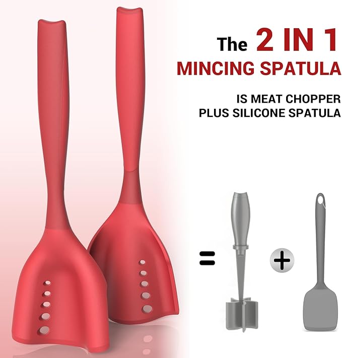 Mincing Spatula Meat Chopper, Hamburger Grinder, Premium Heat Resistant Smasher for Ground Beef, Potato Mix Tool, Meat & Poultry Tenderizers-Red