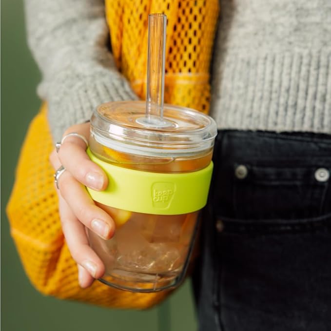 KeepCup Cold Cup - Longplay Double wall Glass Ice Coffee Tumbler with Lid and Straw - 12oz (340ml) - Chartreuse Green