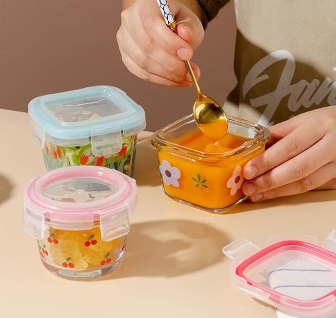 Ivymei 2 Pack Mini Square Glass Containers with lids,Small Floral Food Storage Contaiers Glass Food Jars for Food Portion,Dipping Sauce,Snack,Yogurt,Leakproof,Microwave Freezer Safe