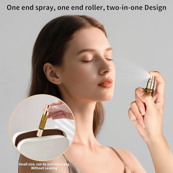 2-in-1 Refillable Perfume Bottle 10ml (2 Pack), Dual-Head Spray & Roller Design, Leakproof Travel Atomizer for Perfume, Cologne and Essential Oils