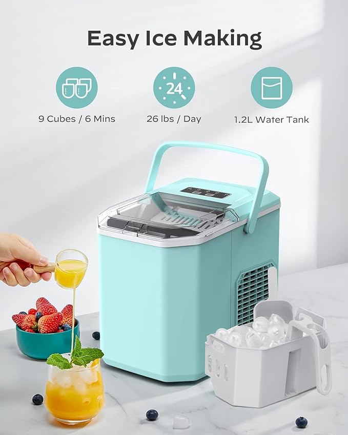 Ice Maker Countertop, Portable Ice Machine with Carry Handle, Self-Cleaning Ice Makers with Basket and Scoop, 9 Cubes in 6 Mins, 26 lbs per Day, Ideal for Home, Kitchen, Camping, RV, Green
