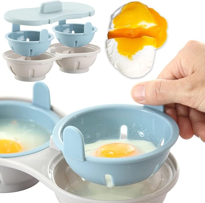 Egg Poacher Microwave Egg Cooker, 2 Cavity Edible Silicone Double Drain Poached Egg Cups Microwave Egg Poacher Egg Steam Egg Maker Poached Egg Steamer for Kitchen Cooking Gadgets, Blue