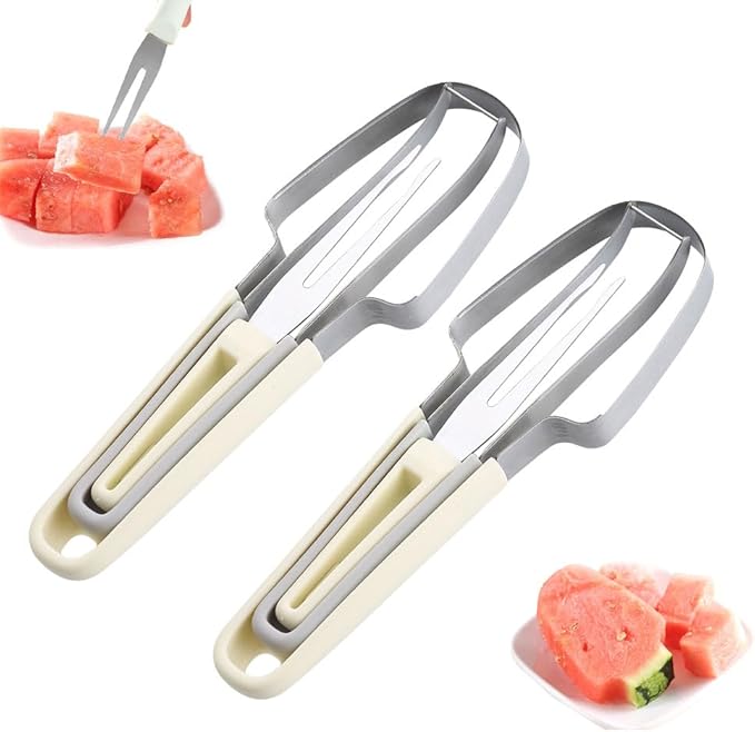 3-in-1 Watermelon Fork Slicer Cutter, 2024 New Stainless Steel Watermelon Popsicle Cutter Slicer Tool, Quickly Watermelon Fork Fruit Cutting Tool Fruit Cutters for Camping Kitchen Gadgets (Beige-2)