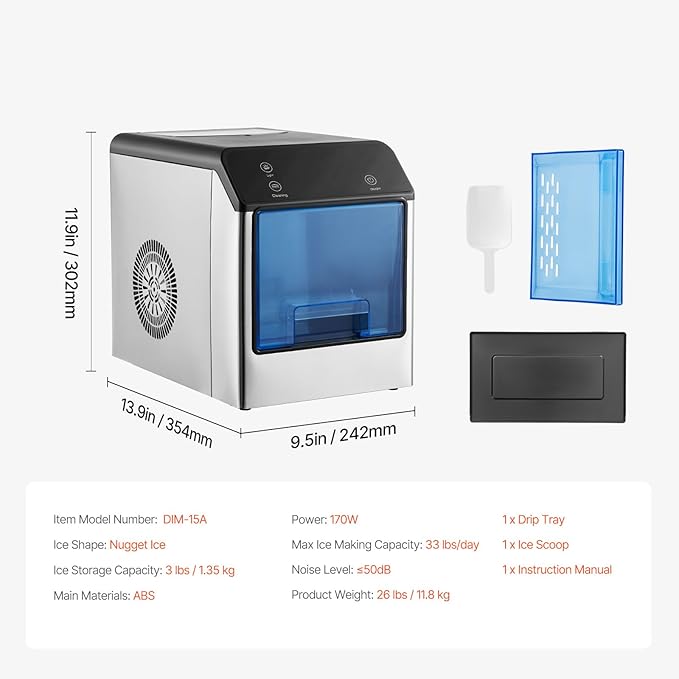 VEVOR Nugget Ice Maker - 33lbs Pebble Ice Maker & Self-Cleaning Features for Home or Office