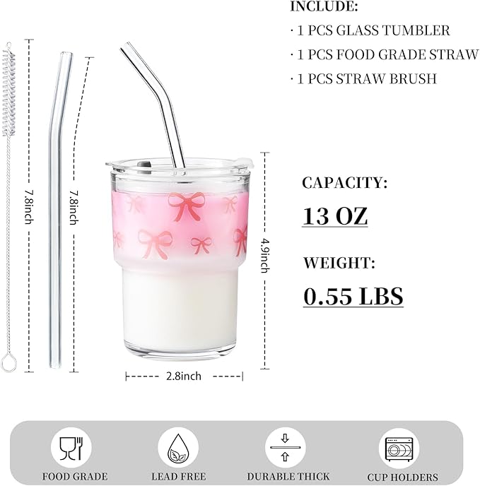 Olvini 13oz Glass Tumbler with Straw and Lid, Reusable Iced Coffee Cup Tumbler, Cute Glass Cups for Water, Matcha, Travel Coffee Mugs (Bow - 13oz)