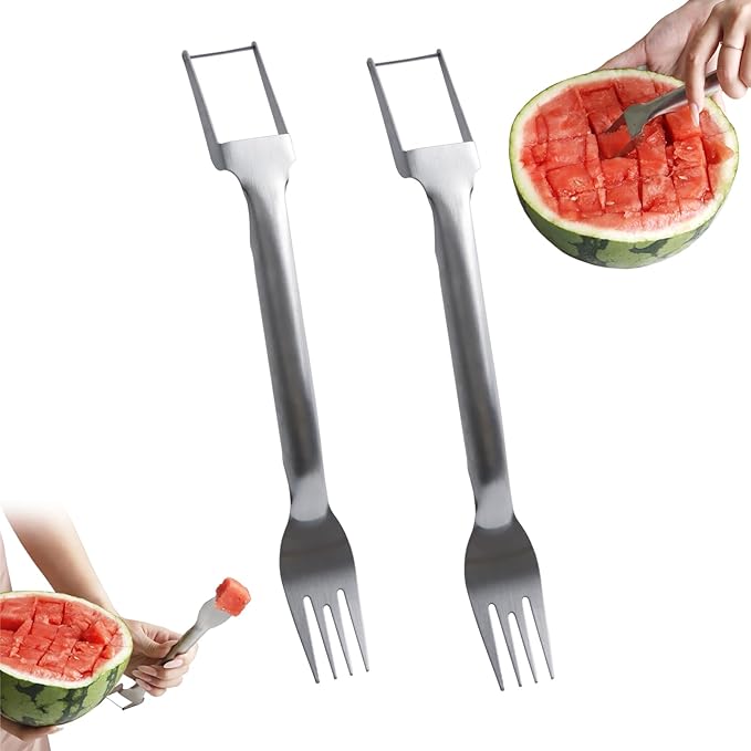 KAYCROWN Stainless Steel Watermelon Fork Slicer, 2-in-1 Quick Cutting Dual Head Watermelon Cutter Fork, Portable Hanging Fruit Forks Slicer for Home Party Camping Kitchen Practical Gadget, Pack of 2