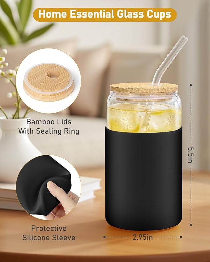 sungwoo Glass Cups with Lids and Straws, 4 Pack 16OZ Iced Coffee Cups with Silicone Sleeve, Glass Tumbler with Straw and Bamboo Lid, Home Essential Drinking Set for Juice, Cocktail and Latte Black