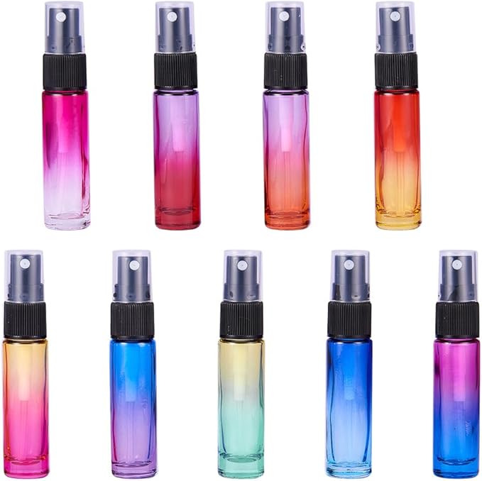 BENECREAT 9 Packs 10ml Rainbow Color Glass Spray Bottle, Refillable Fine Mist Spray Bottle for Perfume, Essential Oil, Travel Size Mini Spray Bottles